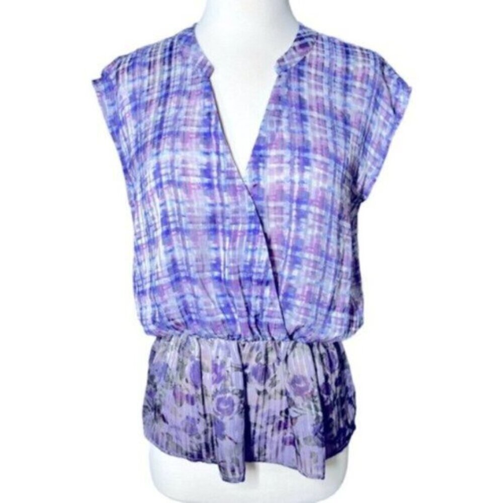 CAbi | Women's Purple Gingham Ombré Floral And Plaid Print Top Size Small - Picture 2 of 10